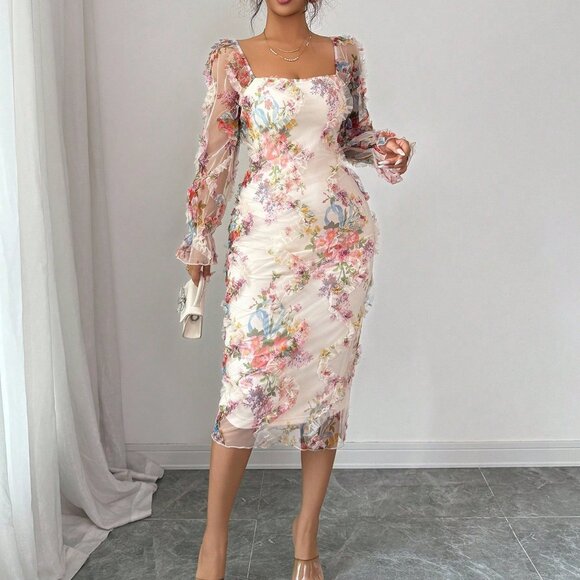 Multicolor Elegant Women's Romantic Floral Mesh Midi Dress - Picture 4 of 7